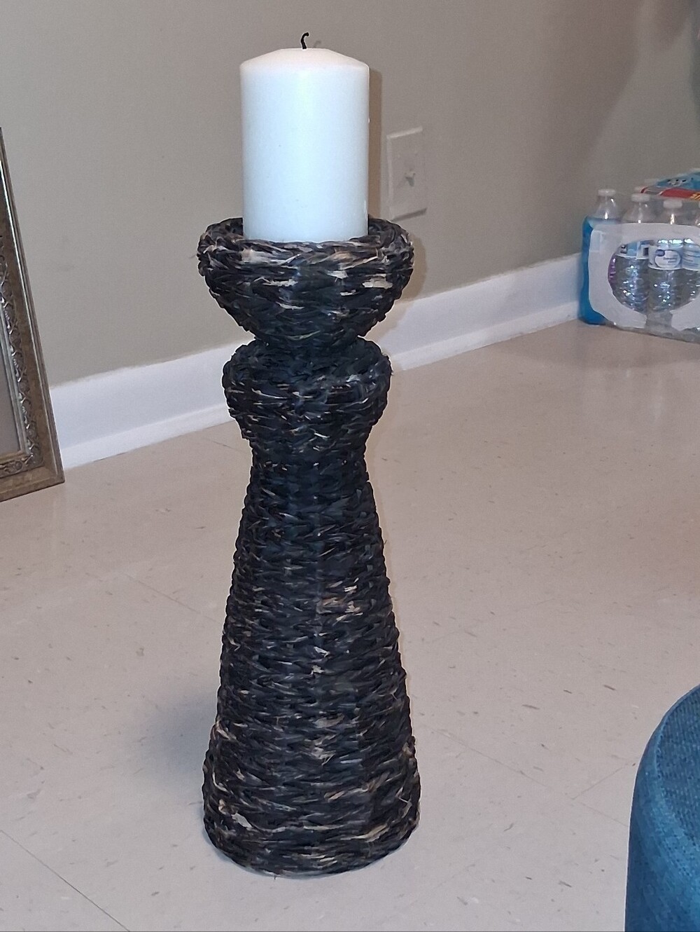 Woven Seagrass Pillar Candle Holder - Black